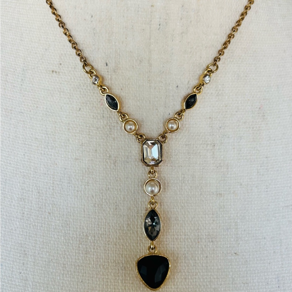 Anne Klein Necklace Signed Y Drop Glass Rhinestones Gold Tone 19 inch Necklace